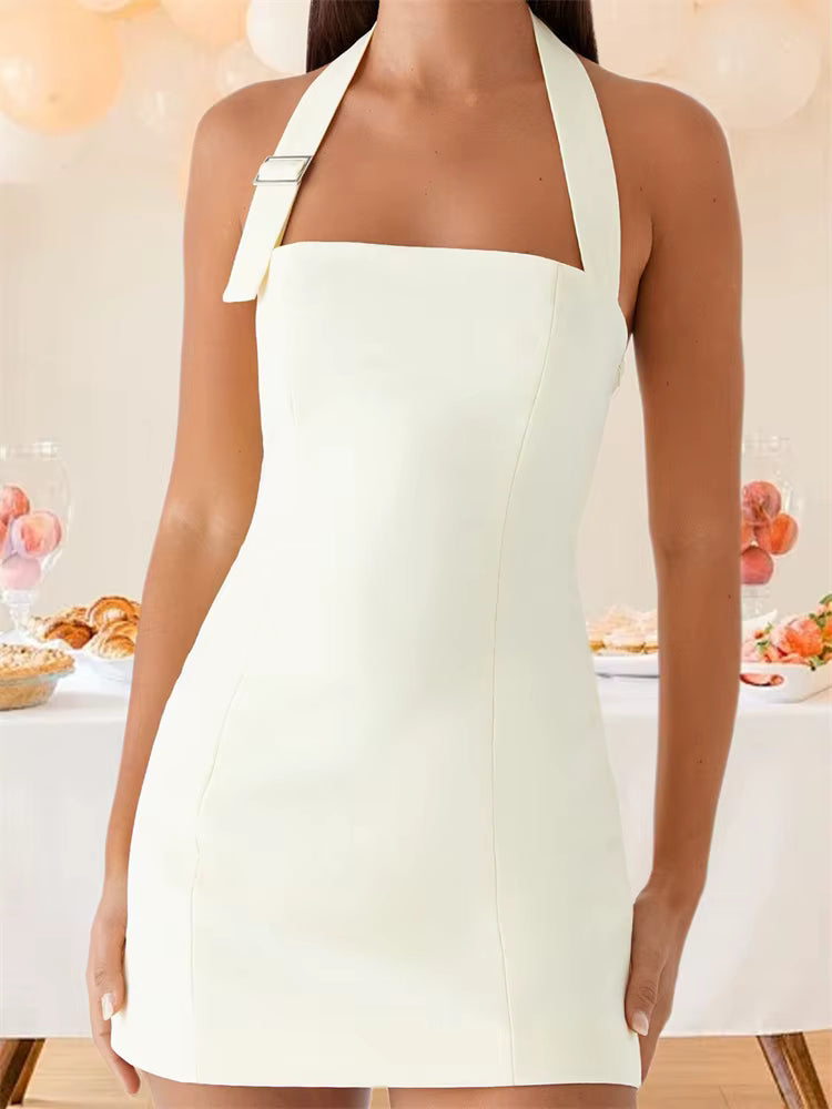 Casual Solid Halter Off Shoulder Sleeveless Backless Bodycon Tank Mini Dress
