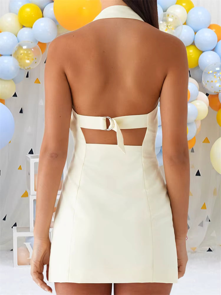 Casual Solid Halter Off Shoulder Sleeveless Backless Bodycon Tank Mini Dress