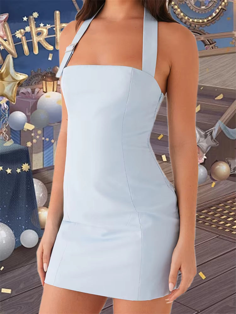 Casual Solid Halter Off Shoulder Sleeveless Backless Bodycon Tank Mini Dress