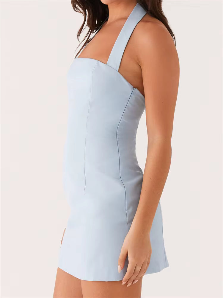 Casual Solid Halter Off Shoulder Sleeveless Backless Bodycon Tank Mini Dress