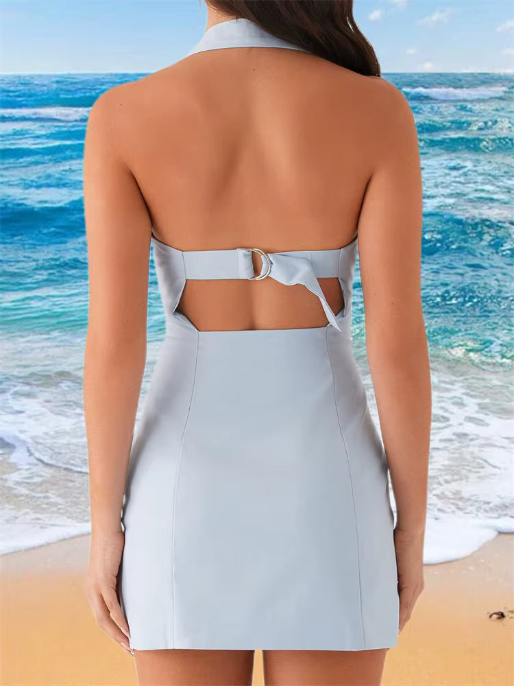 Casual Solid Halter Off Shoulder Sleeveless Backless Bodycon Tank Mini Dress