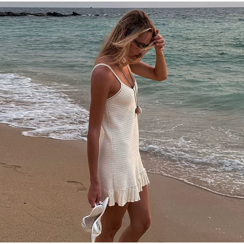 Casual Solid Hollow Out Strapless Sleeveless Halter Beach Knitted Dresses