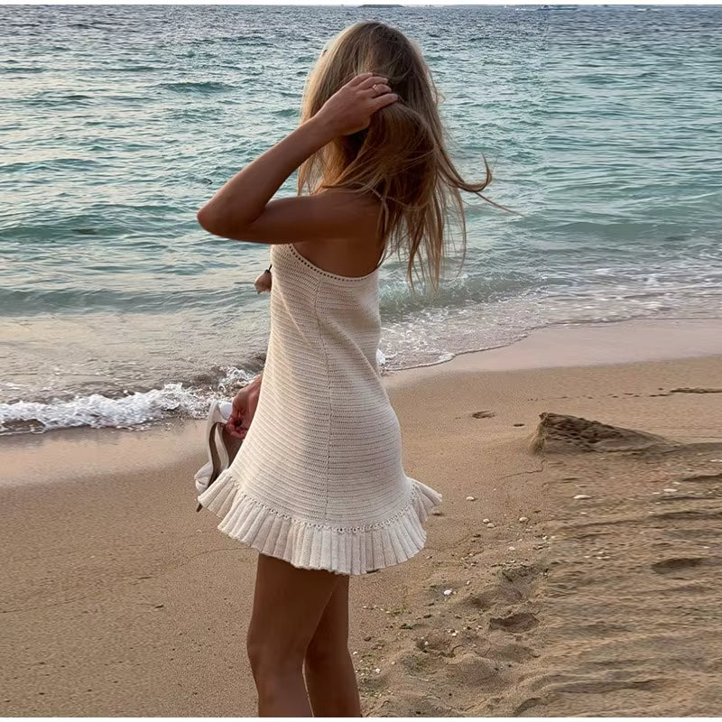 Casual Solid Hollow Out Strapless Sleeveless Halter Beach Knitted Dresses