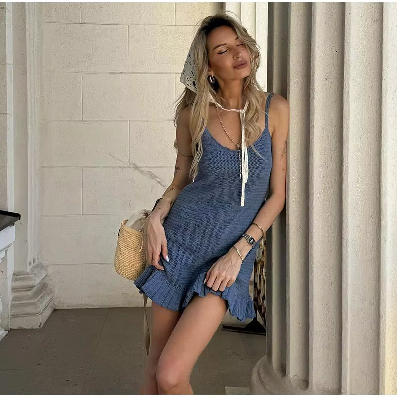 Casual Solid Hollow Out Strapless Sleeveless Halter Beach Knitted Dresses
