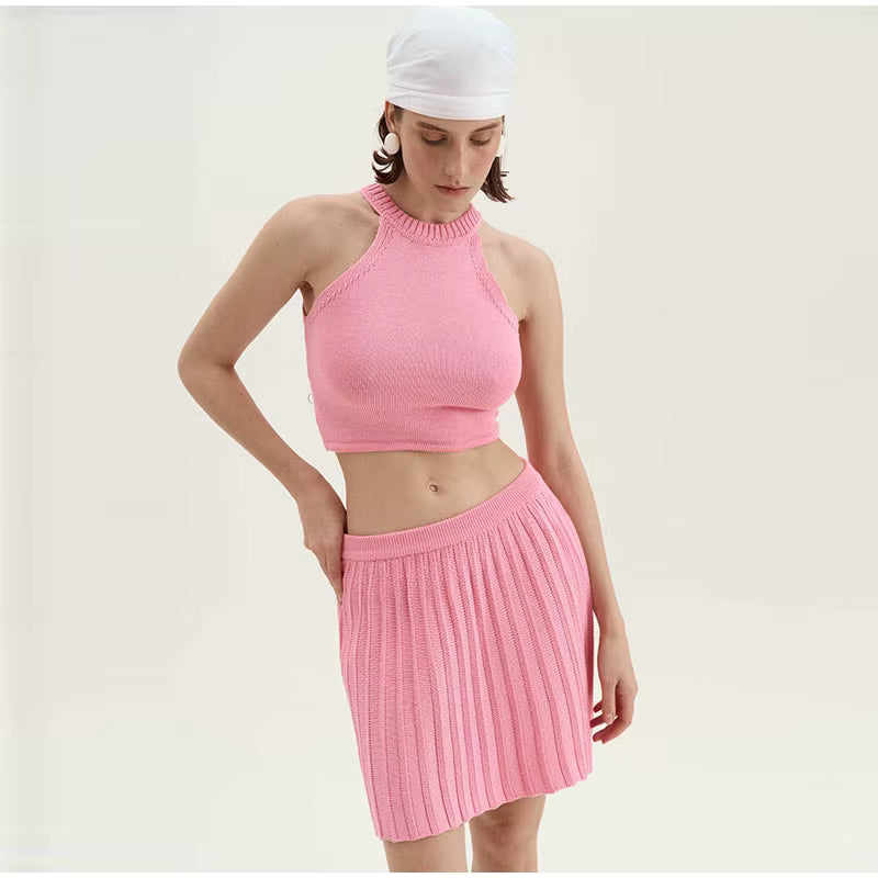 Casual Solid Knitted Vest Halter Sleeveless Short Top Pleated Elastic A-line Mini Skirt Two Piece Set