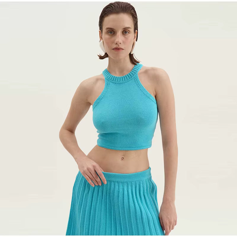 Casual Solid Knitted Vest Halter Sleeveless Short Top Pleated Elastic A-line Mini Skirt Two Piece Set