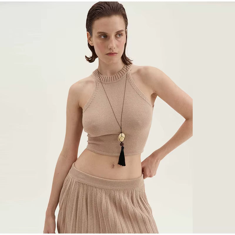 Casual Solid Knitted Vest Halter Sleeveless Short Top Pleated Elastic A-line Mini Skirt Two Piece Set