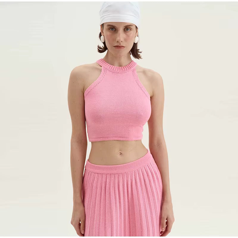 Casual Solid Knitted Vest Halter Sleeveless Short Top Pleated Elastic A-line Mini Skirt Two Piece Set