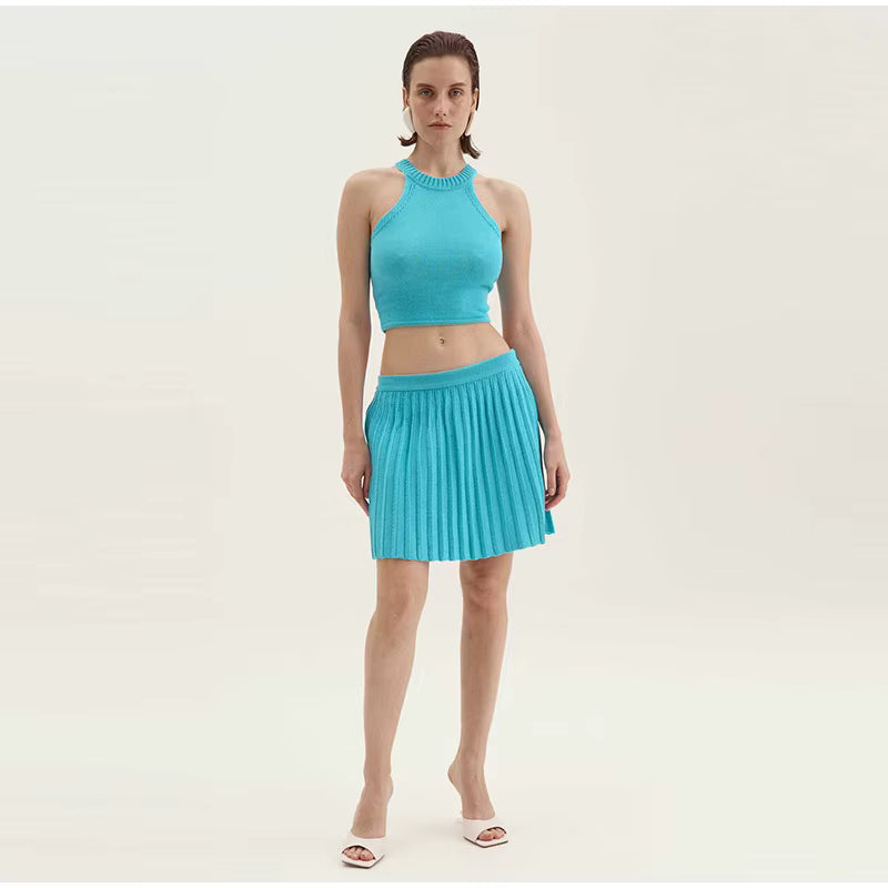 Casual Solid Knitted Vest Halter Sleeveless Short Top Pleated Elastic A-line Mini Skirt Two Piece Set