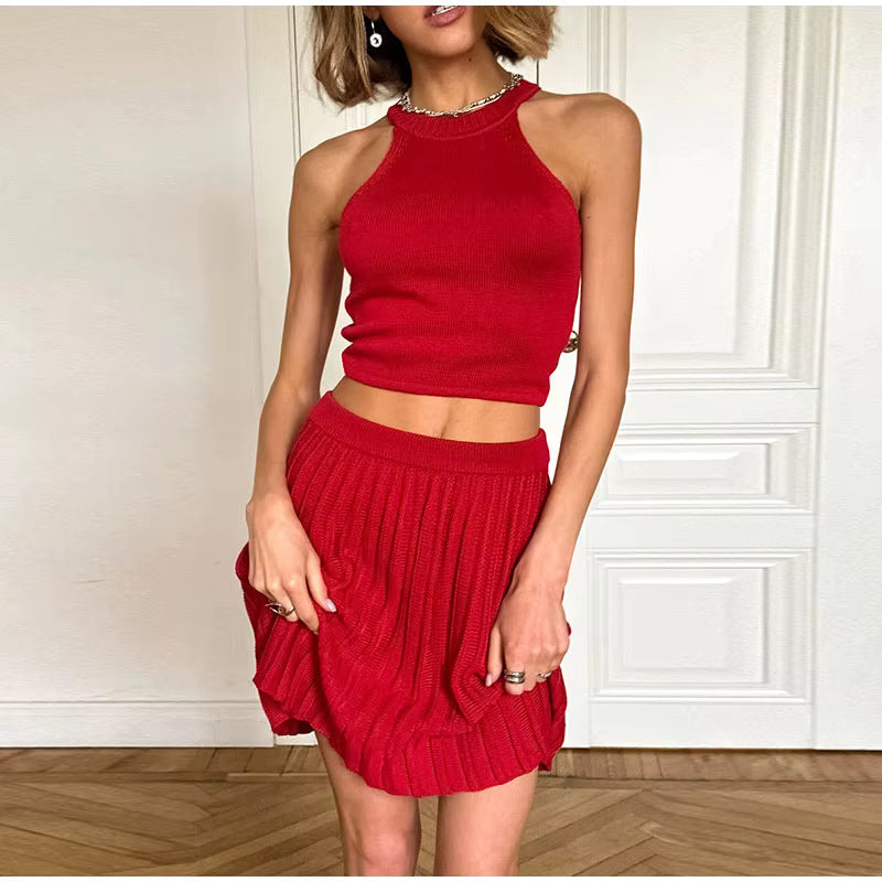Casual Solid Knitted Vest Halter Sleeveless Short Top Pleated Elastic A-line Mini Skirt Two Piece Set