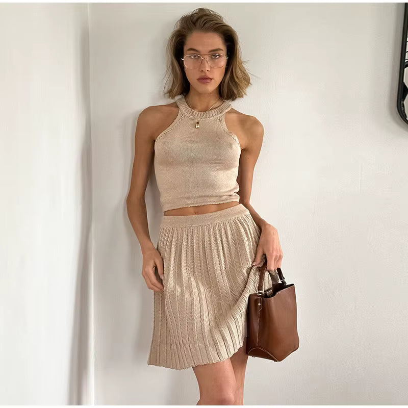 Casual Solid Knitted Vest Halter Sleeveless Short Top Pleated Elastic A-line Mini Skirt Two Piece Set