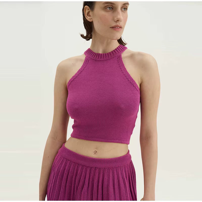 Casual Solid Knitted Vest Halter Sleeveless Short Top Pleated Elastic A-line Mini Skirt Two Piece Set