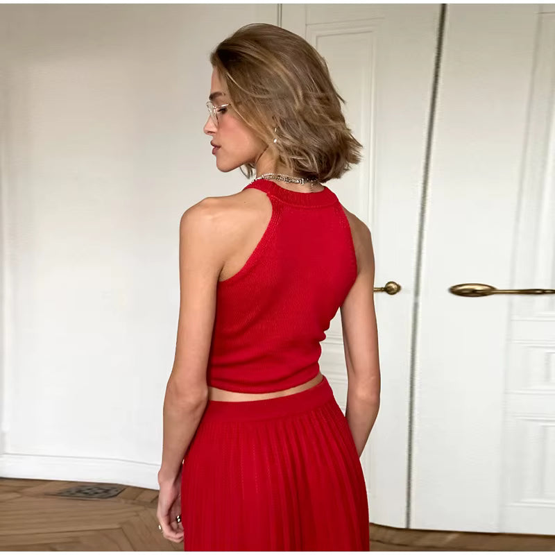 Casual Solid Knitted Vest Halter Sleeveless Short Top Pleated Elastic A-line Mini Skirt Two Piece Set