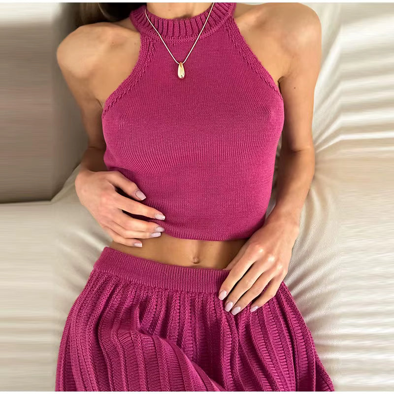Casual Solid Knitted Vest Halter Sleeveless Short Top Pleated Elastic A-line Mini Skirt Two Piece Set