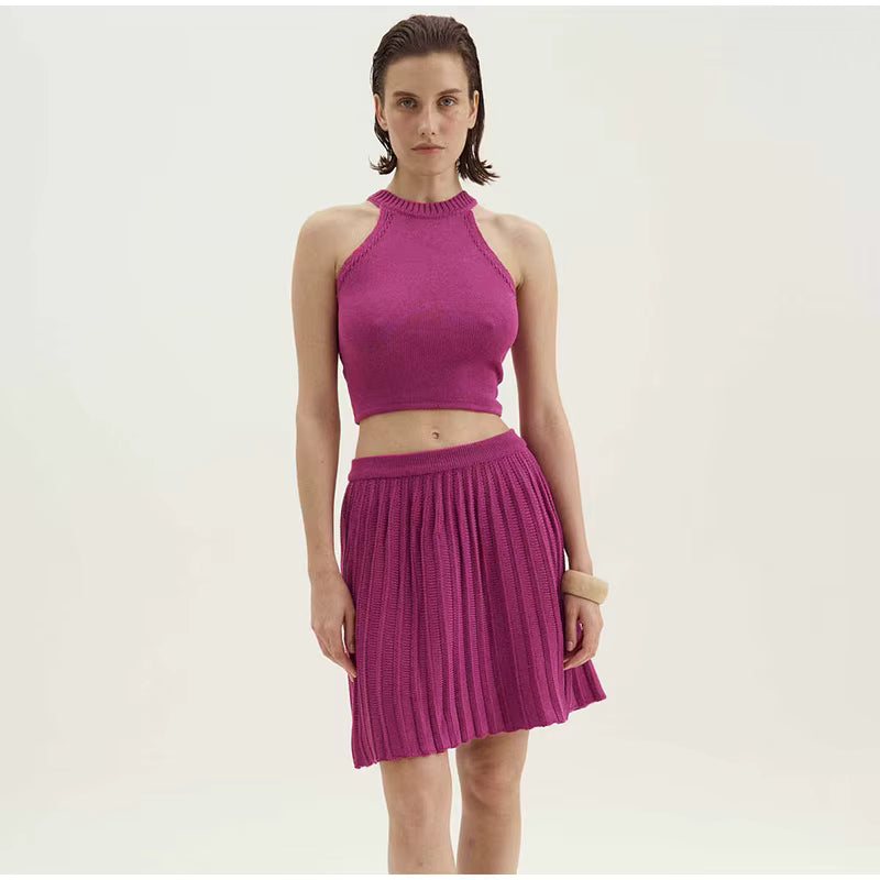 Casual Solid Knitted Vest Halter Sleeveless Short Top Pleated Elastic A-line Mini Skirt Two Piece Set