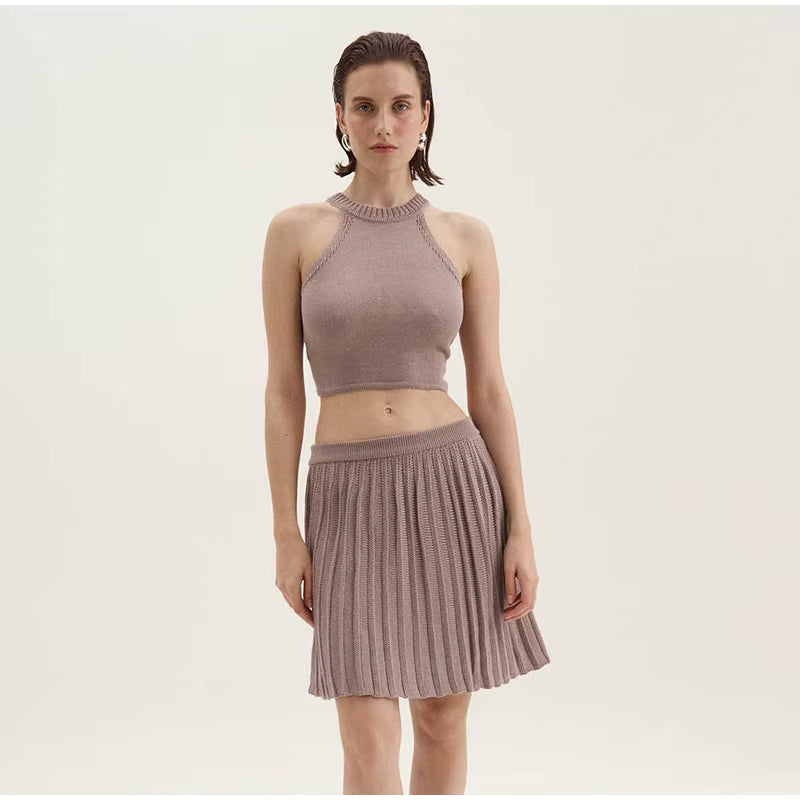 Casual Solid Knitted Vest Halter Sleeveless Short Top Pleated Elastic A-line Mini Skirt Two Piece Set