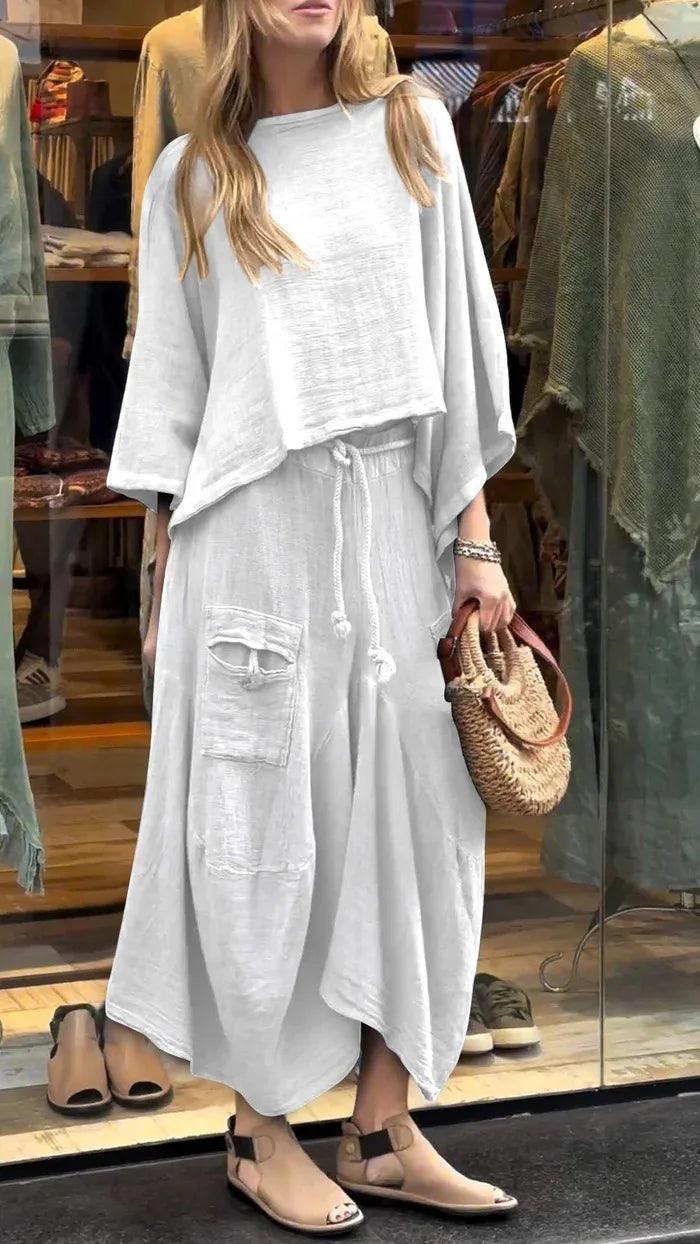 Casual Solid O Neck Loose Top Lace-up Irregular Skirt 2 Piece Sets