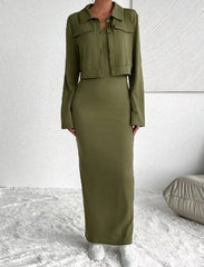 Casual Solid Long Sleeve Coat Sleeveless Bodycon Dress