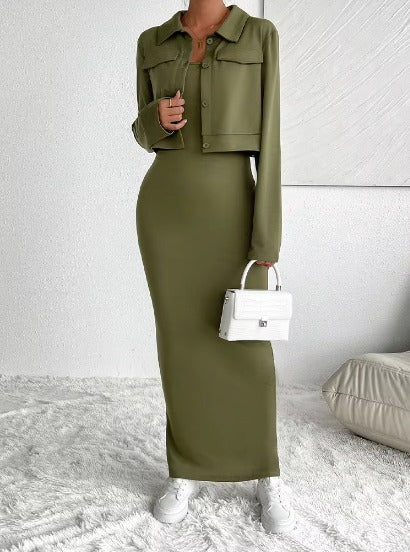 Casual Solid Long Sleeve Coat Sleeveless Bodycon Dress