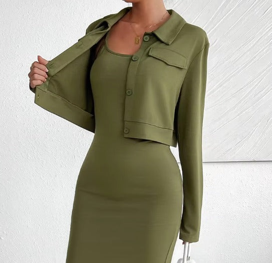 Casual Solid Long Sleeve Coat Sleeveless Bodycon Dress