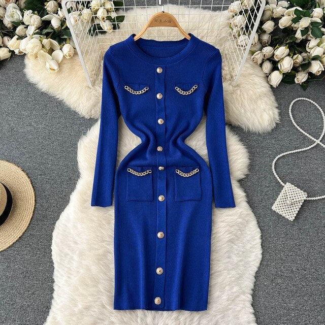Casual Solid Long Sleeve O Neck Elastic Button Dress