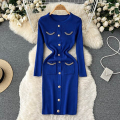 Casual Solid Long Sleeve O Neck Elastic Button Dress