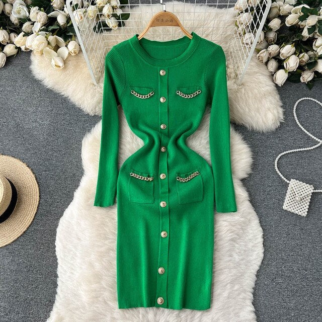 Casual Solid Long Sleeve O Neck Elastic Button Dress