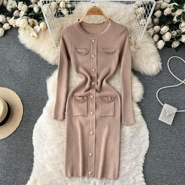 Casual Solid Long Sleeve O Neck Elastic Button Dress