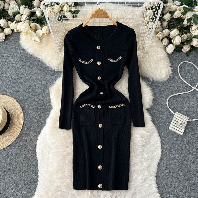 Casual Solid Long Sleeve O Neck Elastic Button Dress