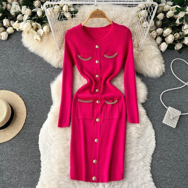 Casual Solid Long Sleeve O Neck Elastic Button Dress