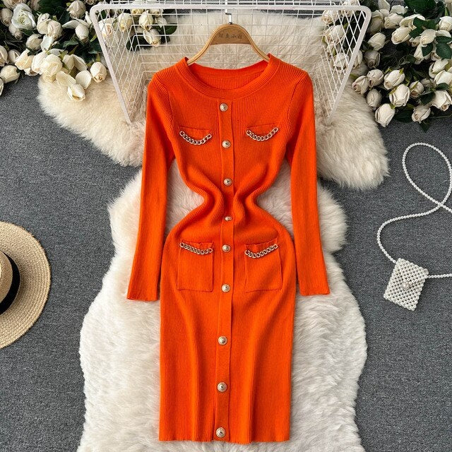 Casual Solid Long Sleeve O Neck Elastic Button Dress