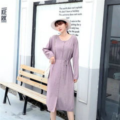 Casual Solid O Neck Long Sleeve Style Button Loose Streetwear Dress