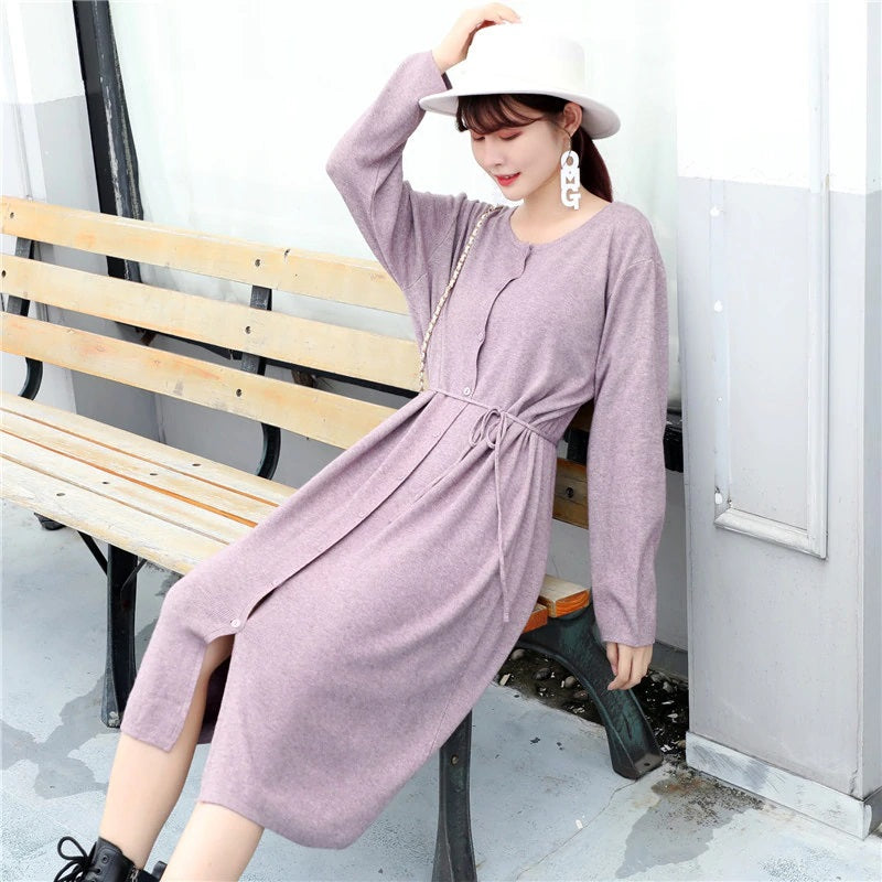 Casual Solid O Neck Long Sleeve Style Button Loose Streetwear Dress
