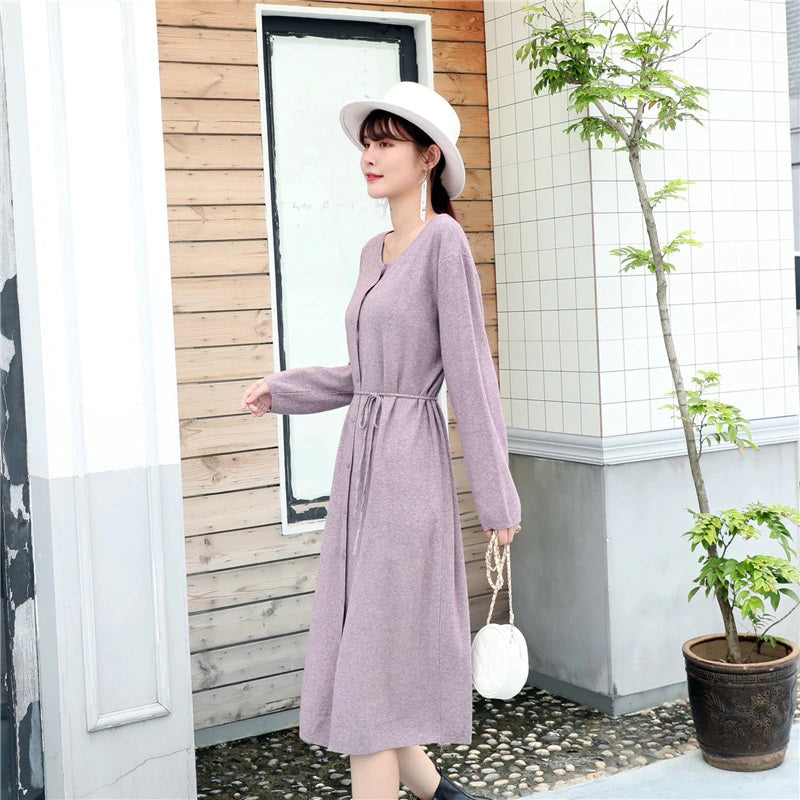 Casual Solid O Neck Long Sleeve Style Button Loose Streetwear Dress