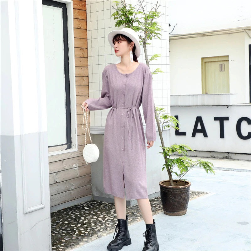 Casual Solid O Neck Long Sleeve Style Button Loose Streetwear Dress