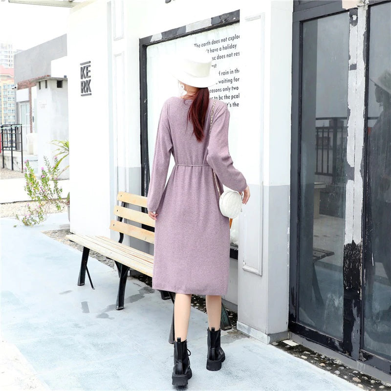 Casual Solid O Neck Long Sleeve Style Button Loose Streetwear Dress