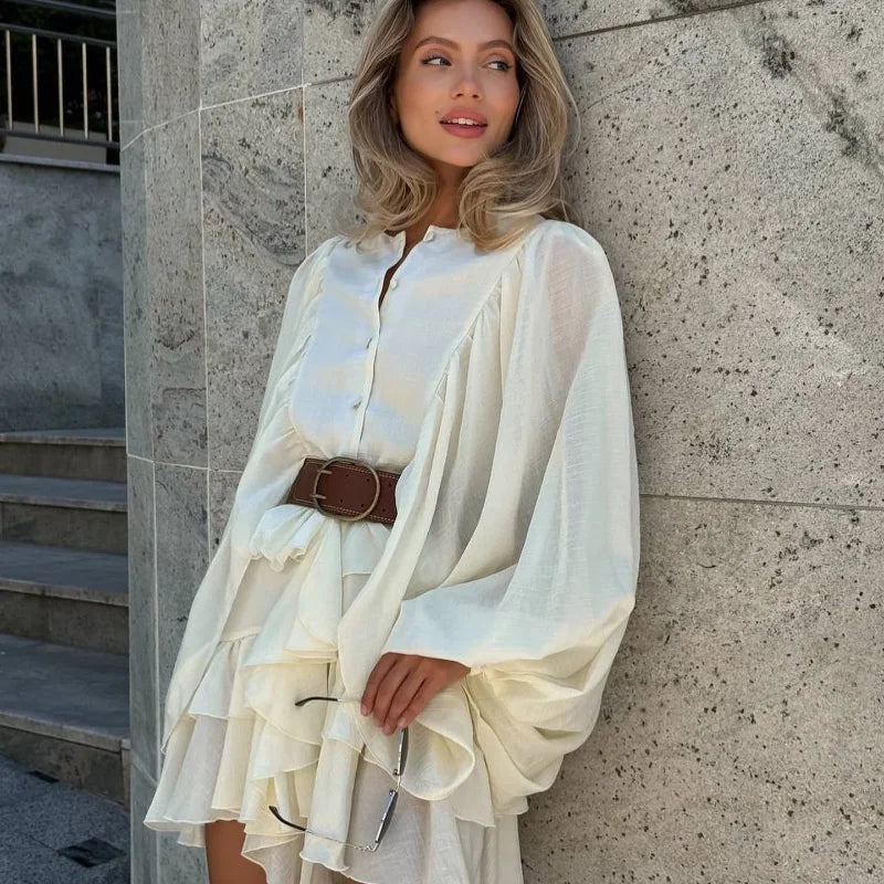 Casual Solid O Neck Ruffle Edge Chic Lantern Sleeve Pleated Holiday Dress