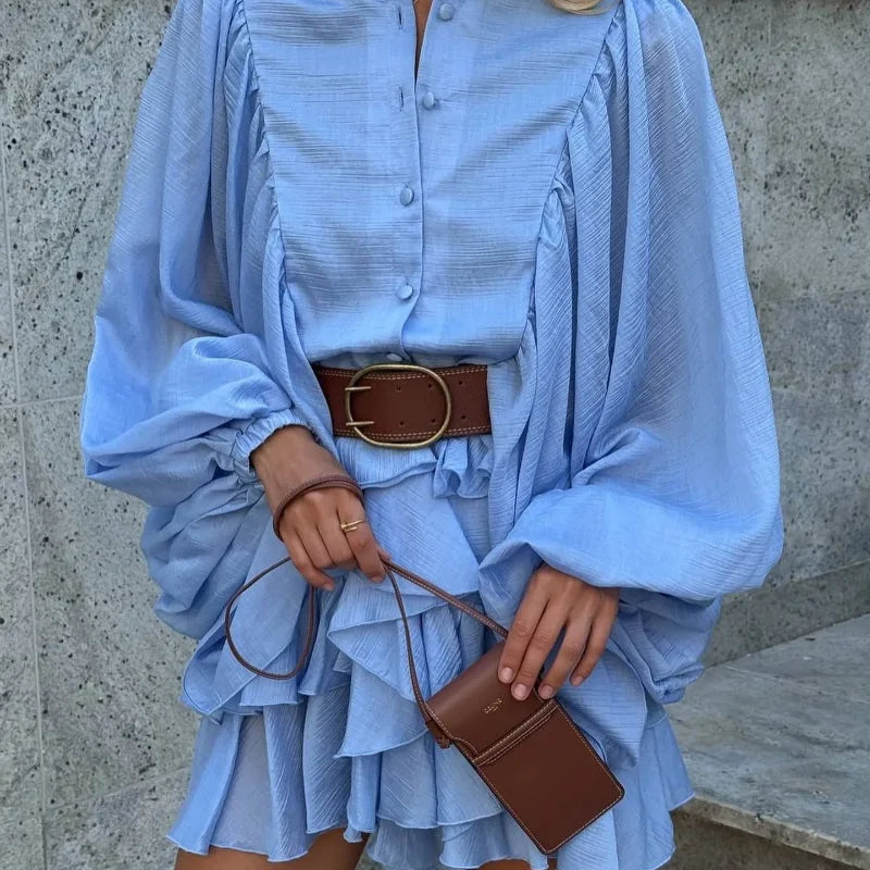 Casual Solid O Neck Ruffle Edge Chic Lantern Sleeve Pleated Holiday Dress