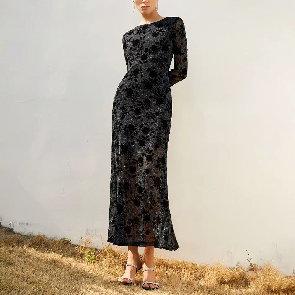 Casual Solid Round Neck Long Sleeves Patchwork Applique Midi Dresses