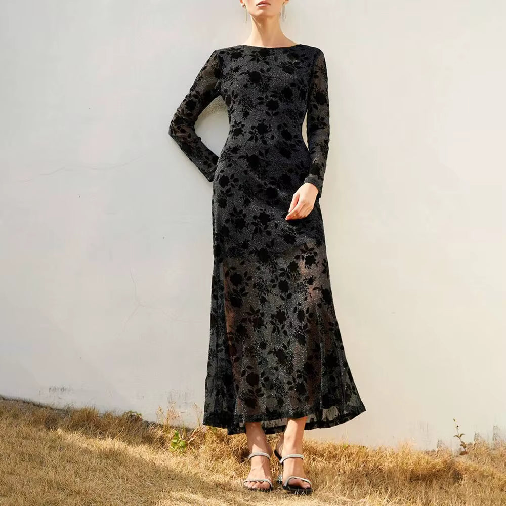 Casual Solid Round Neck Long Sleeves Patchwork Applique Midi Dresses