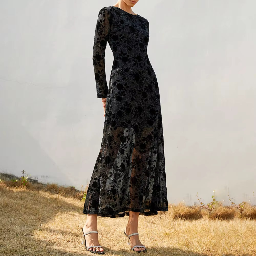Casual Solid Round Neck Long Sleeves Patchwork Applique Midi Dresses