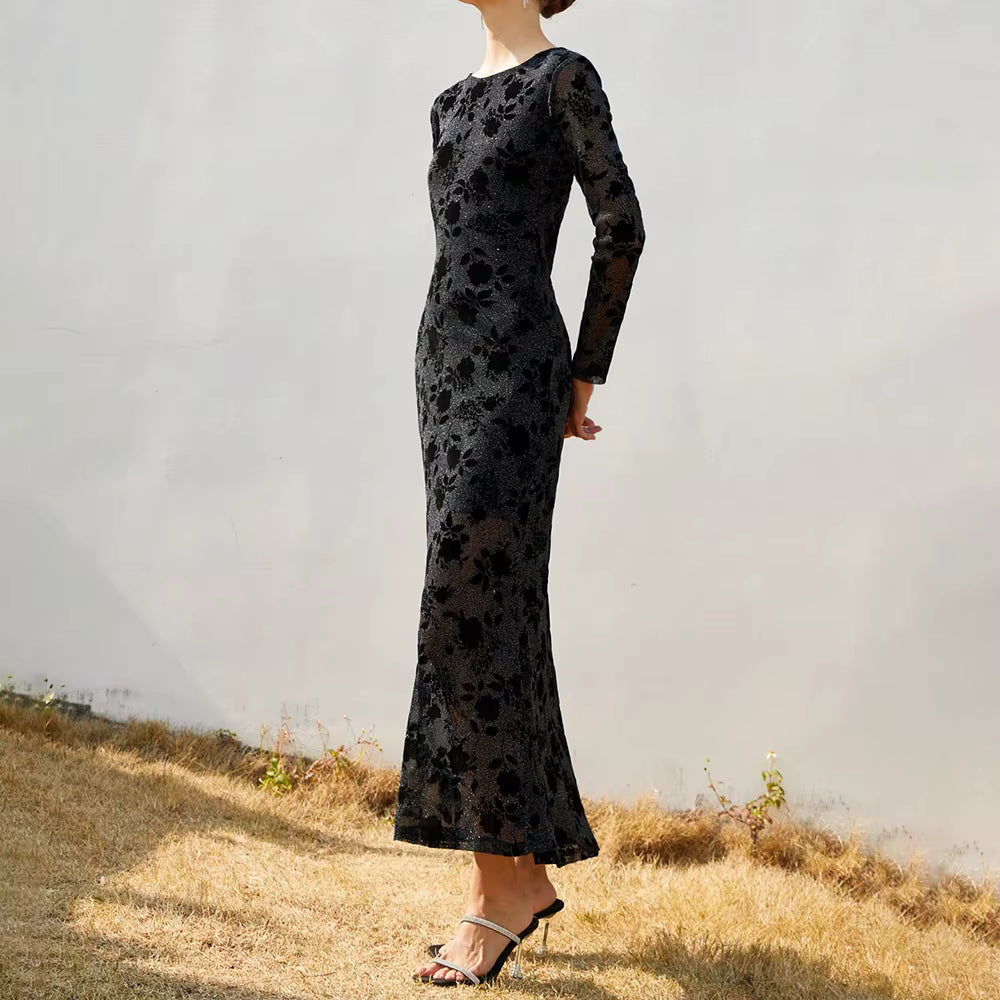 Casual Solid Round Neck Long Sleeves Patchwork Applique Midi Dresses