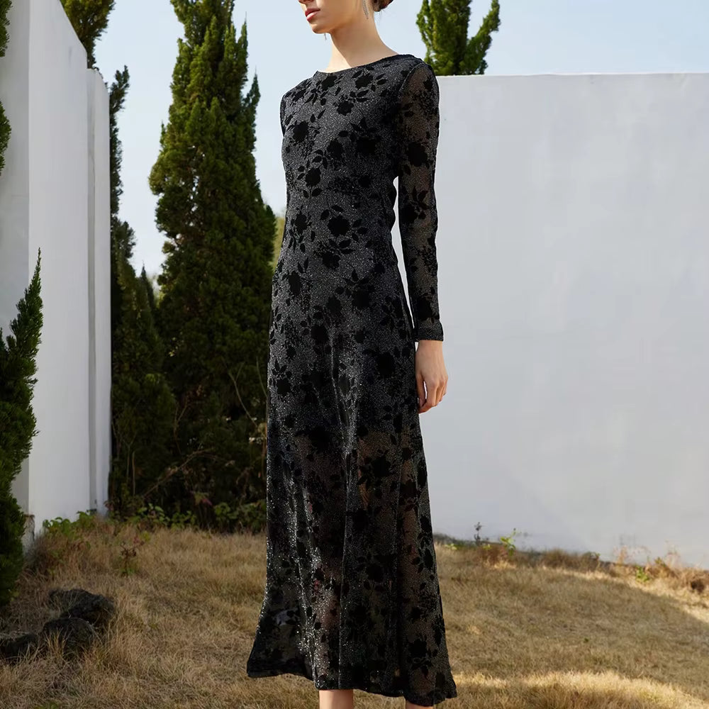 Casual Solid Round Neck Long Sleeves Patchwork Applique Midi Dresses
