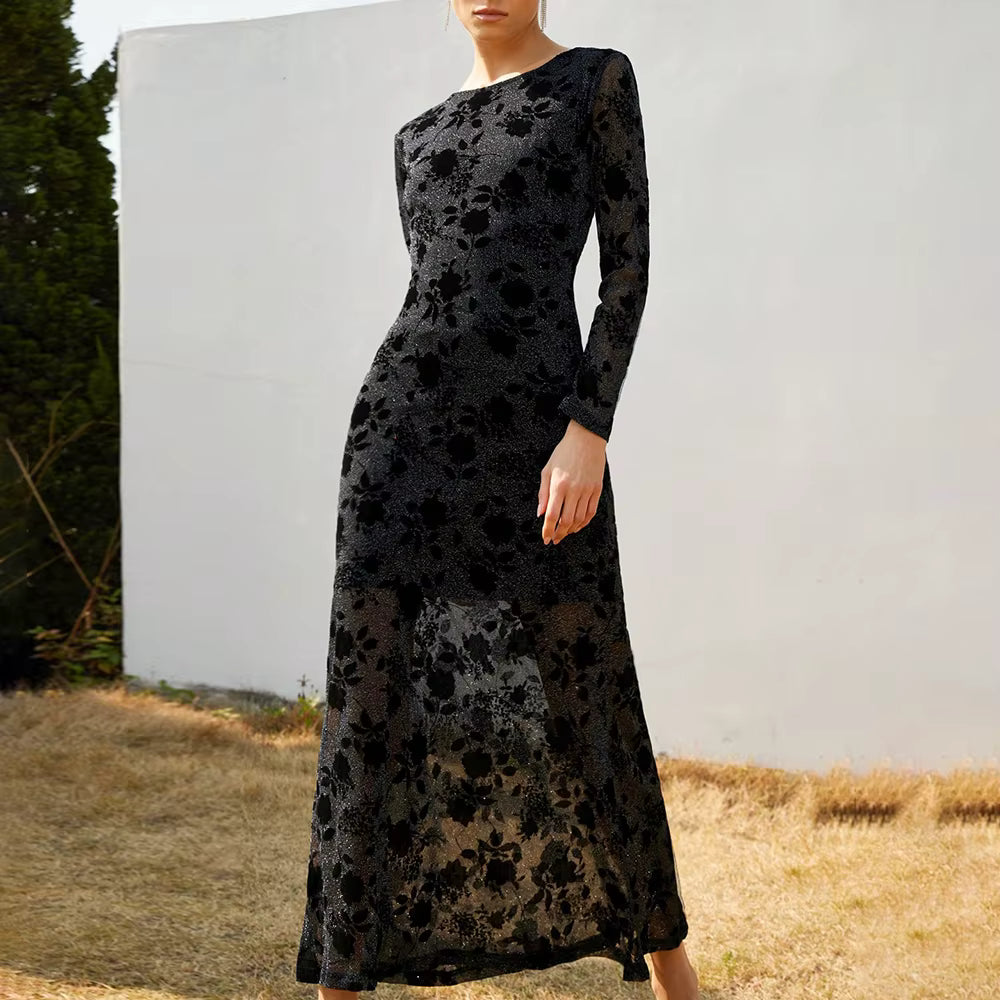 Casual Solid Round Neck Long Sleeves Patchwork Applique Midi Dresses