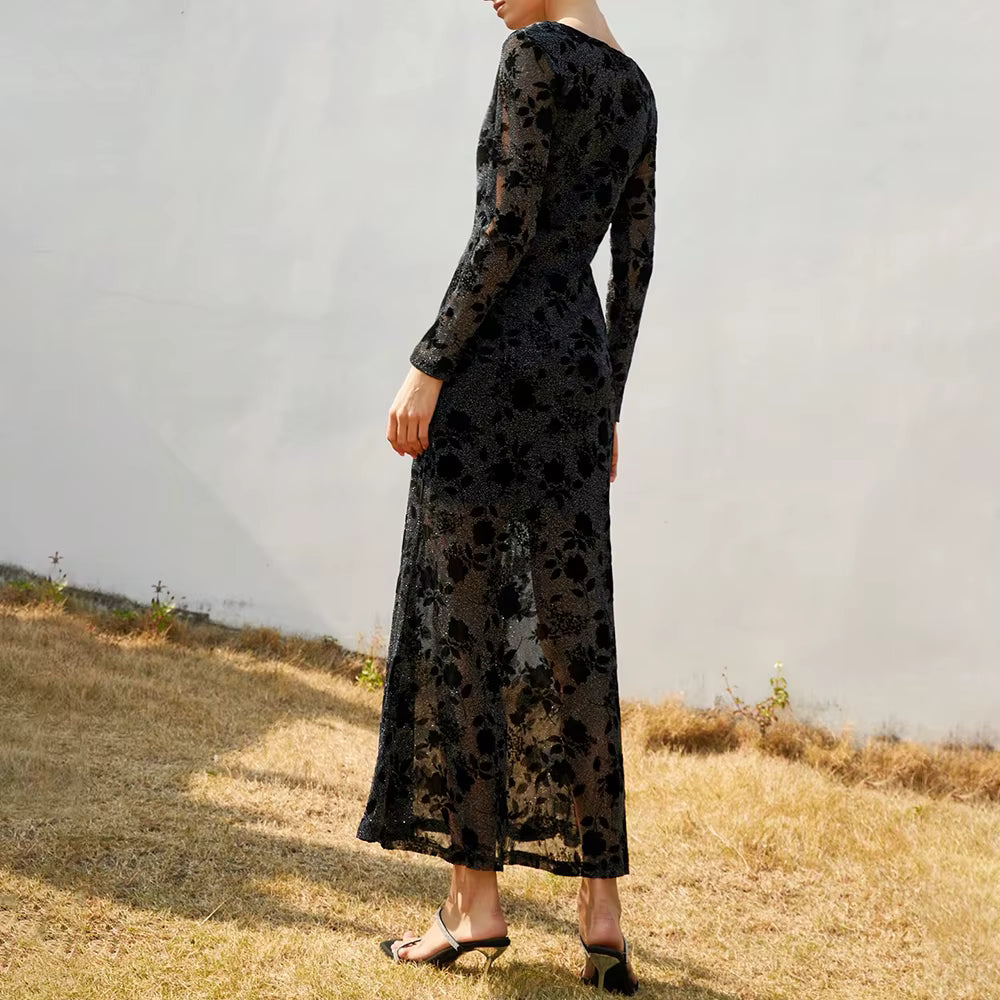 Casual Solid Round Neck Long Sleeves Patchwork Applique Midi Dresses