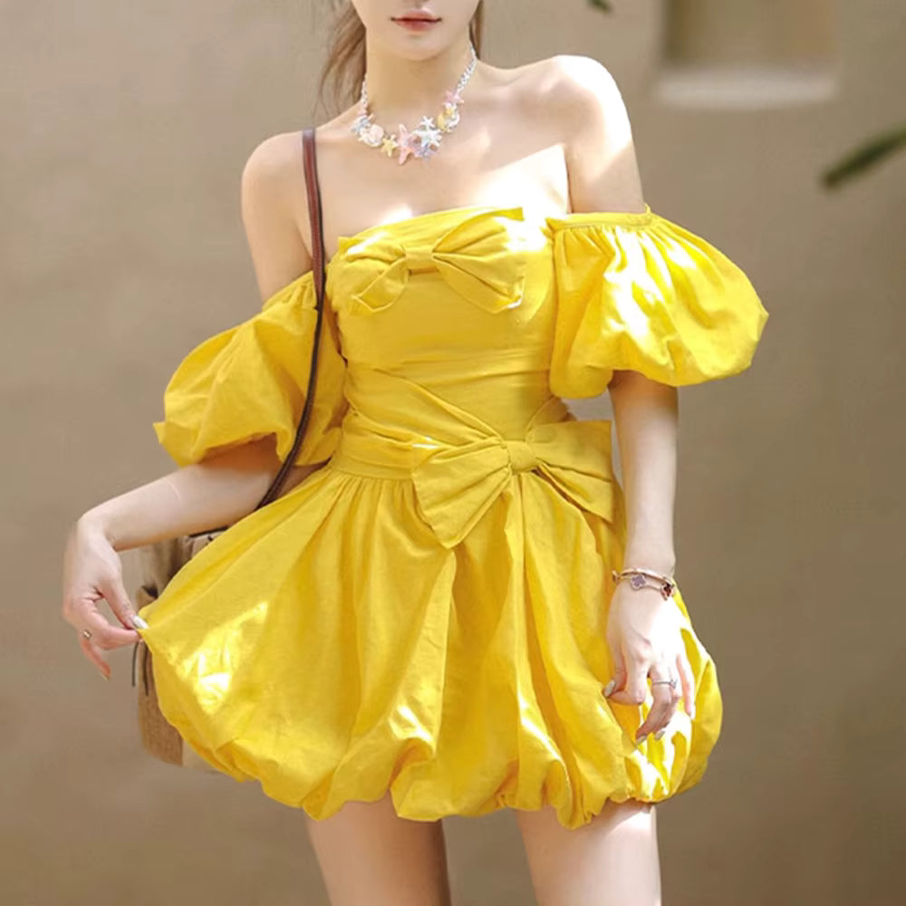 Casual Solid Slash Neck Off Shoulder Patchwork Folds Tunic Bow Mini Dress