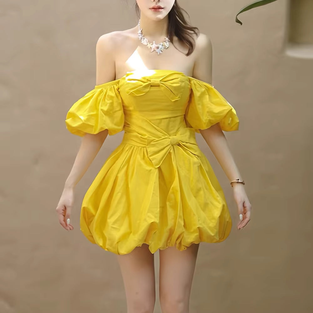 Casual Solid Slash Neck Off Shoulder Patchwork Folds Tunic Bow Mini Dress