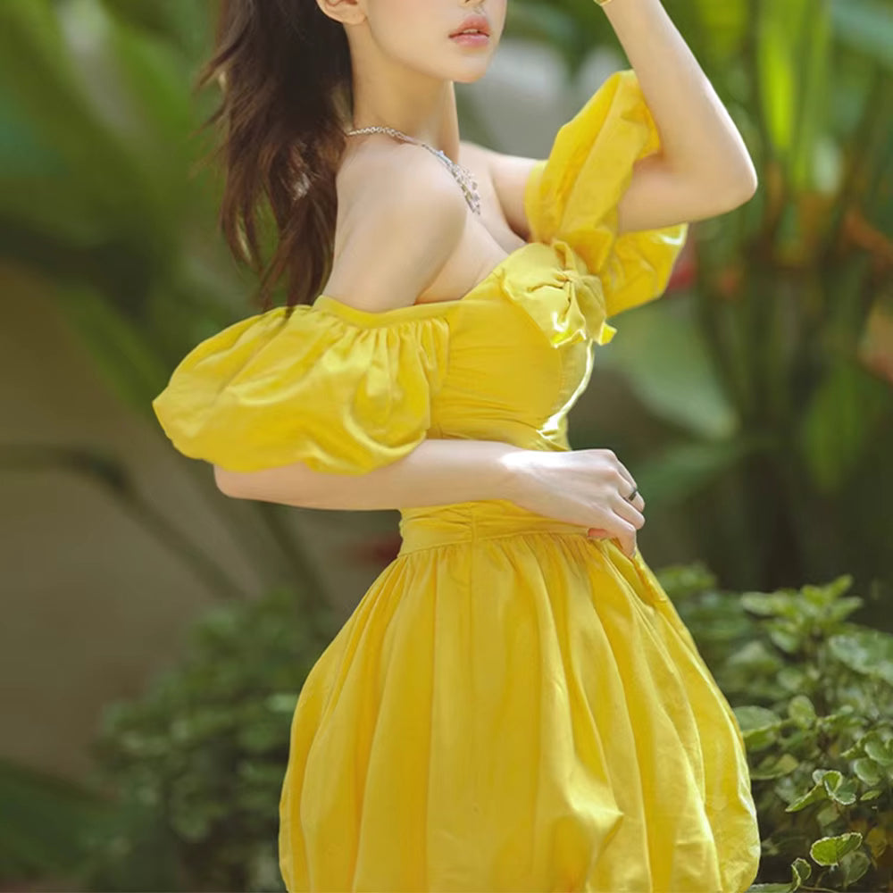Casual Solid Slash Neck Off Shoulder Patchwork Folds Tunic Bow Mini Dress