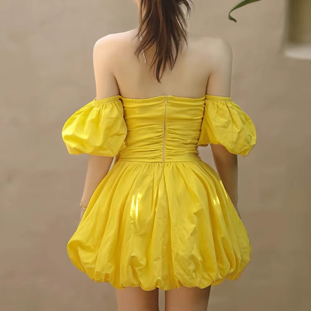 Casual Solid Slash Neck Off Shoulder Patchwork Folds Tunic Bow Mini Dress