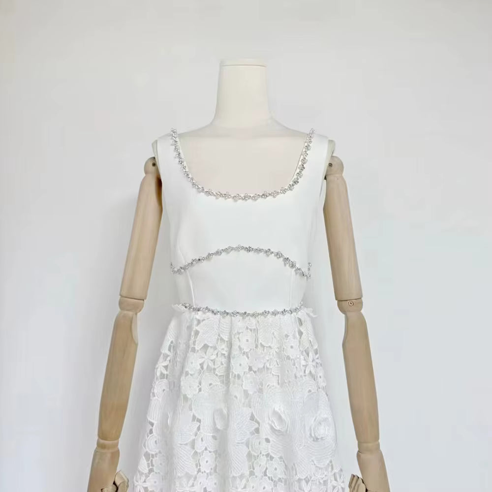 Casual Solid Square Neck Sleeveless Patchwork Applique Midi Dress